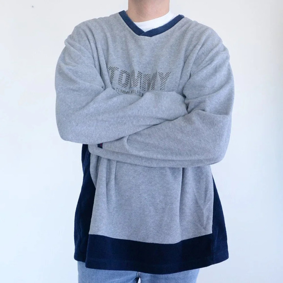 Tommy Hilfiger Vintage Y2K Blue & Grey V-Neck Sweater ~XLarge - Picture 2 of 11
